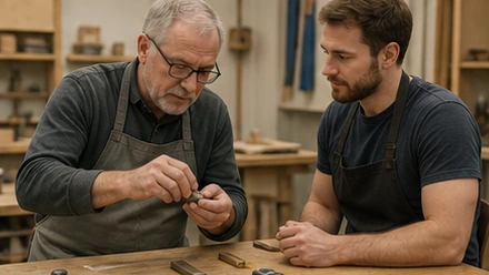 Experienced colleague demonstrating a practical workplace task beside a workbench