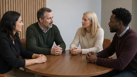 Manager and new hire having a calm feedback conversation in a quiet corner