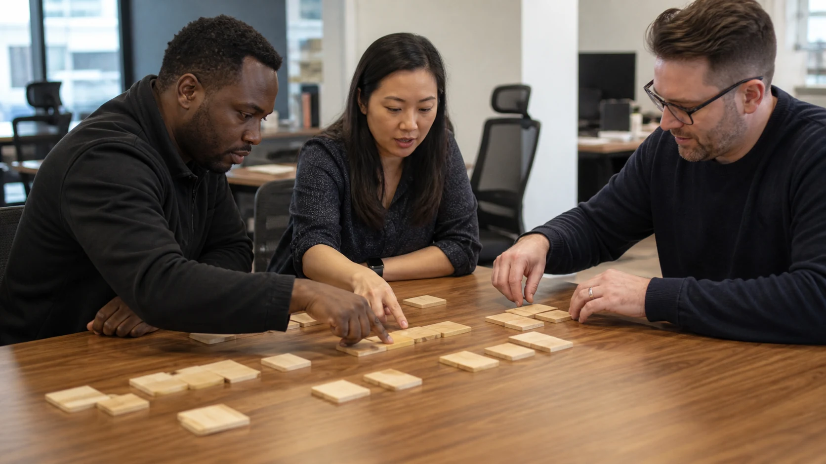 Three staff members arranging blank wooden tiles to represent a physical workflow