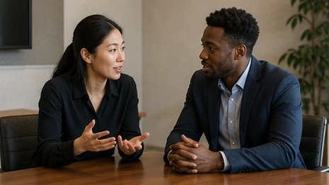Deux professionnels clarifient une proposition lors d’un échange