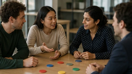Three colleagues sorting plain colored wooden blocks to represent offer priorities