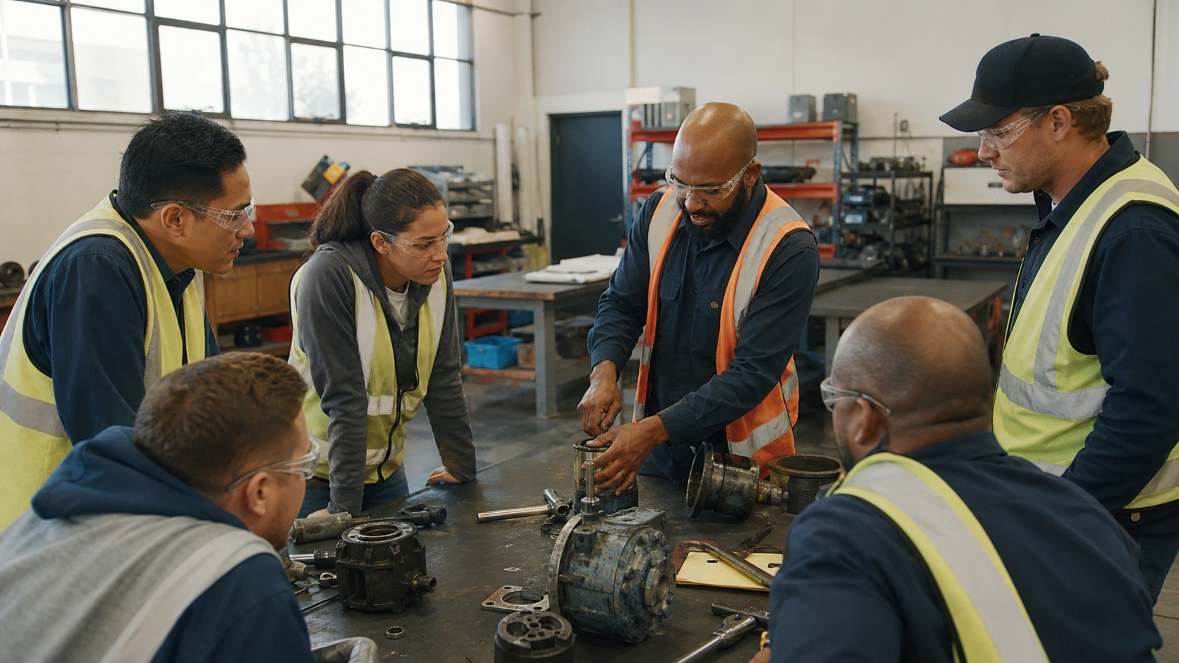 Adult learners practicing a hands-on workplace scenario in a training room