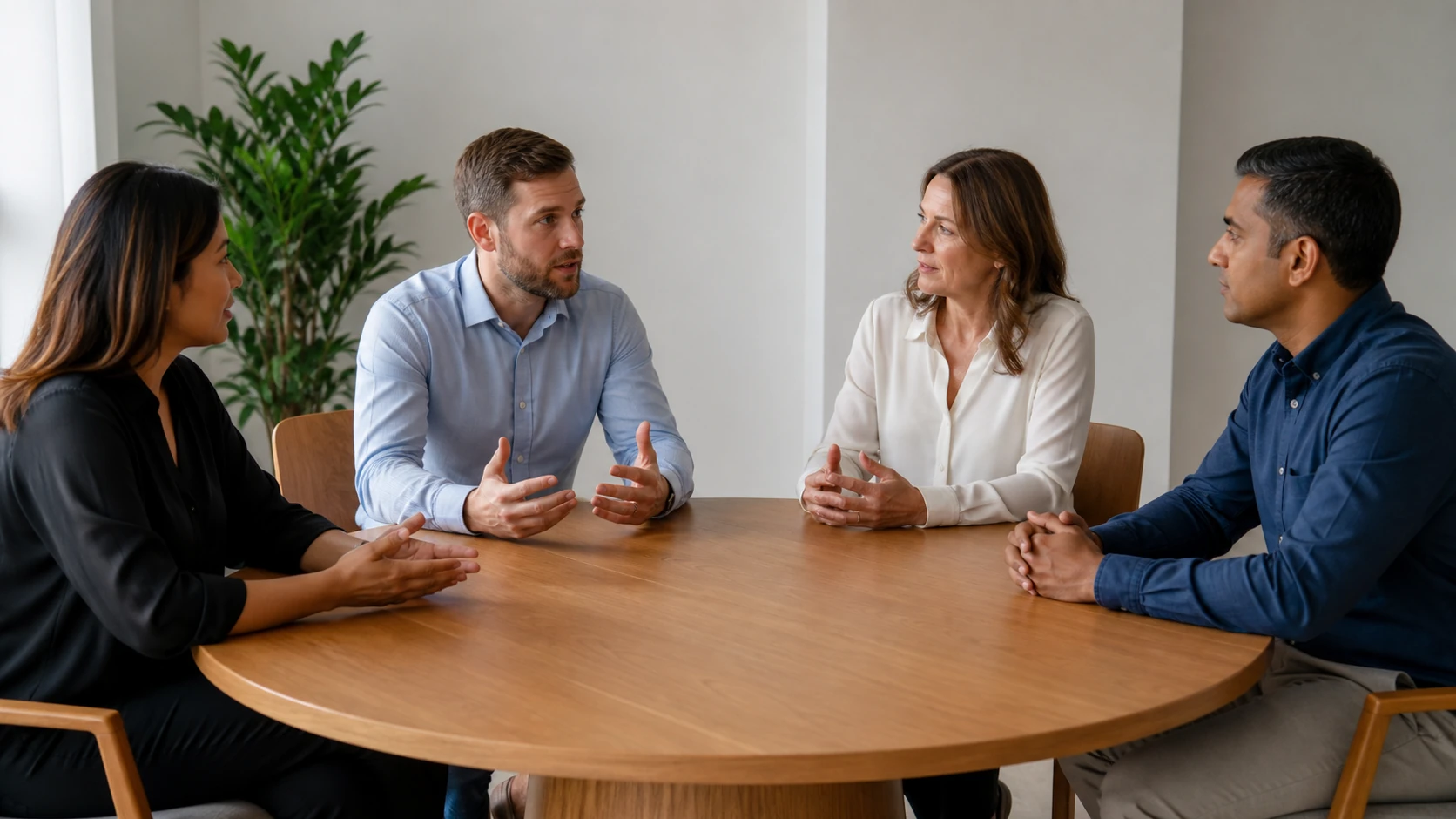 Small management team holding a concise weekly review around a round table