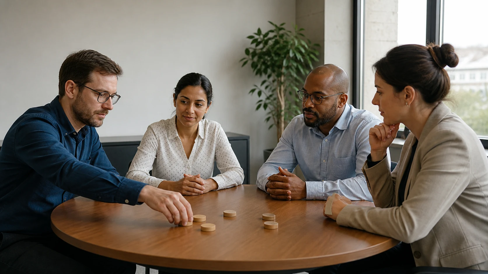 Team lead moving plain wooden markers while colleagues discuss priorities
