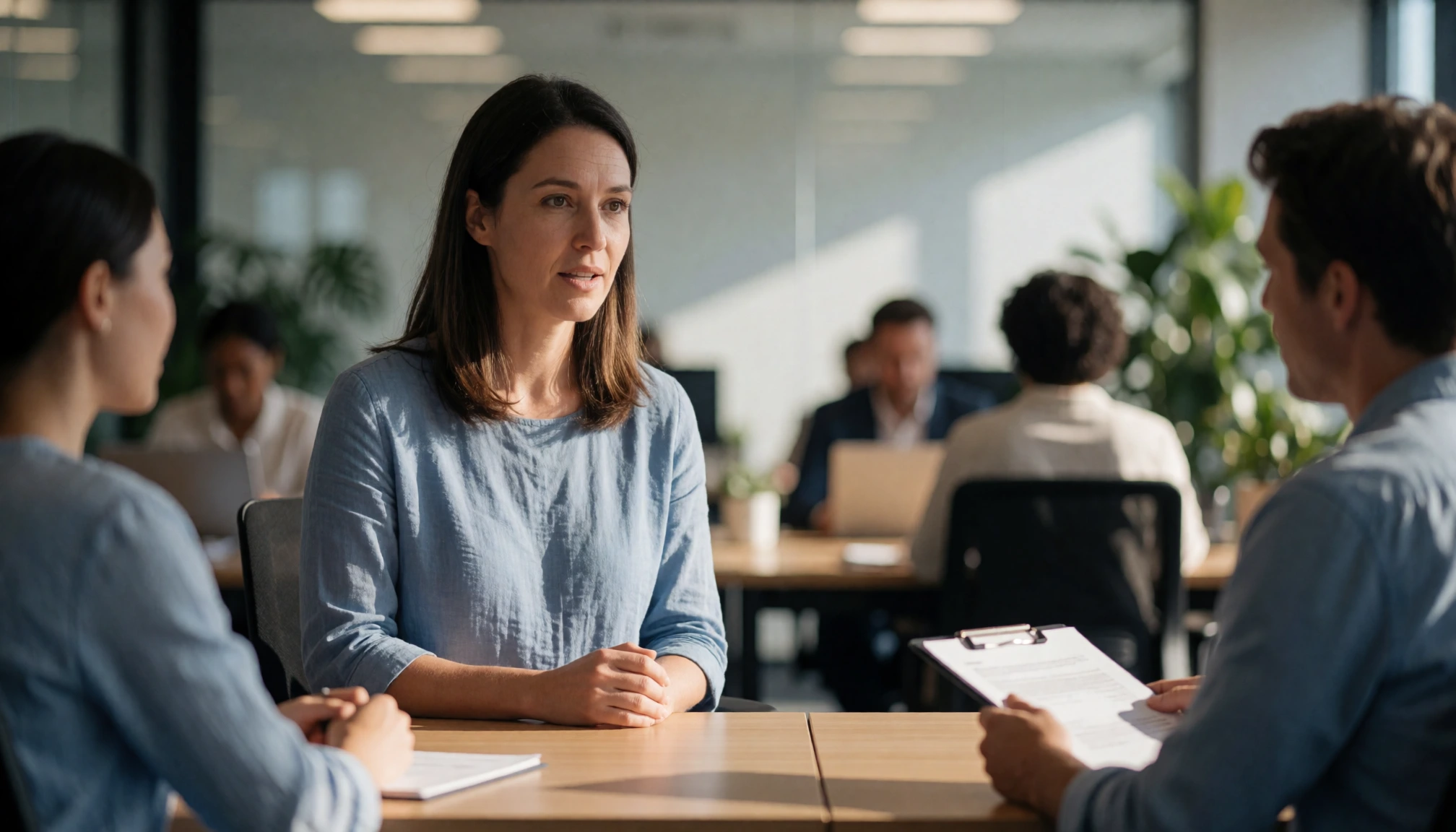 Two business partners rehearsing a concise spoken pitch in a quiet meeting room