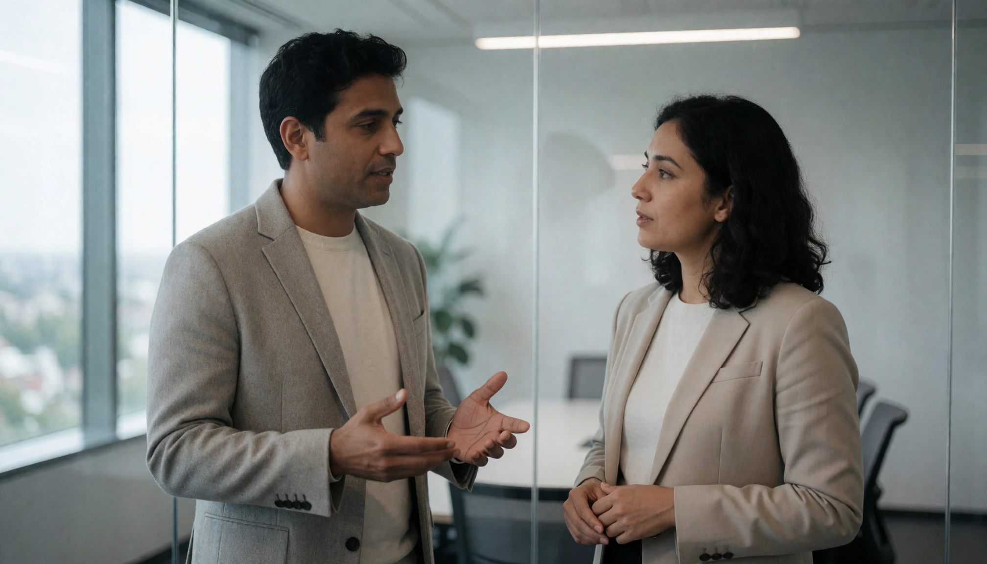 Two business partners rehearsing a concise spoken pitch in a quiet meeting room