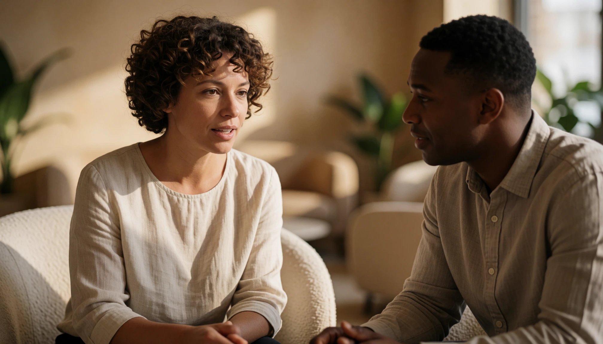 Two business partners rehearsing a concise spoken pitch in a quiet meeting room