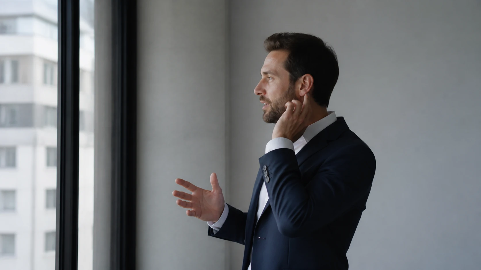Professional making a focused business call beside a window with no devices visible