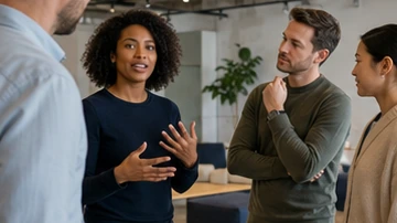 Small sales team debriefing recent conversations around a plain table