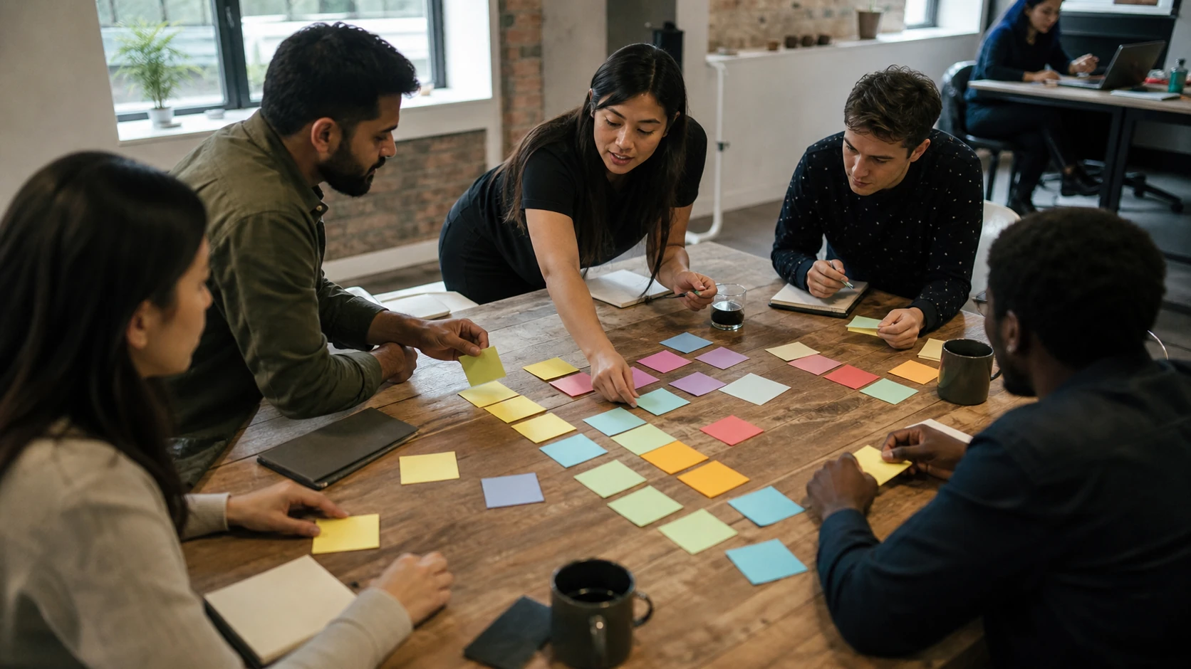 Content team arranging blank color cards by decision stage