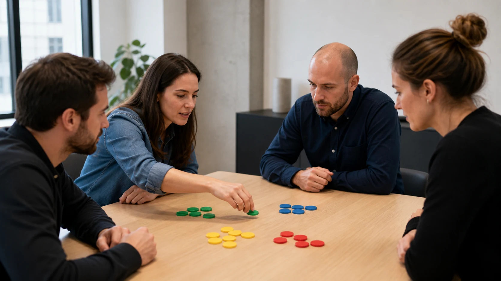 Marketing team discussing a campaign around a plain table with blank colored tokens