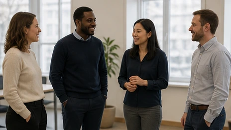 Professional interviewing a customer in a bright neutral meeting room