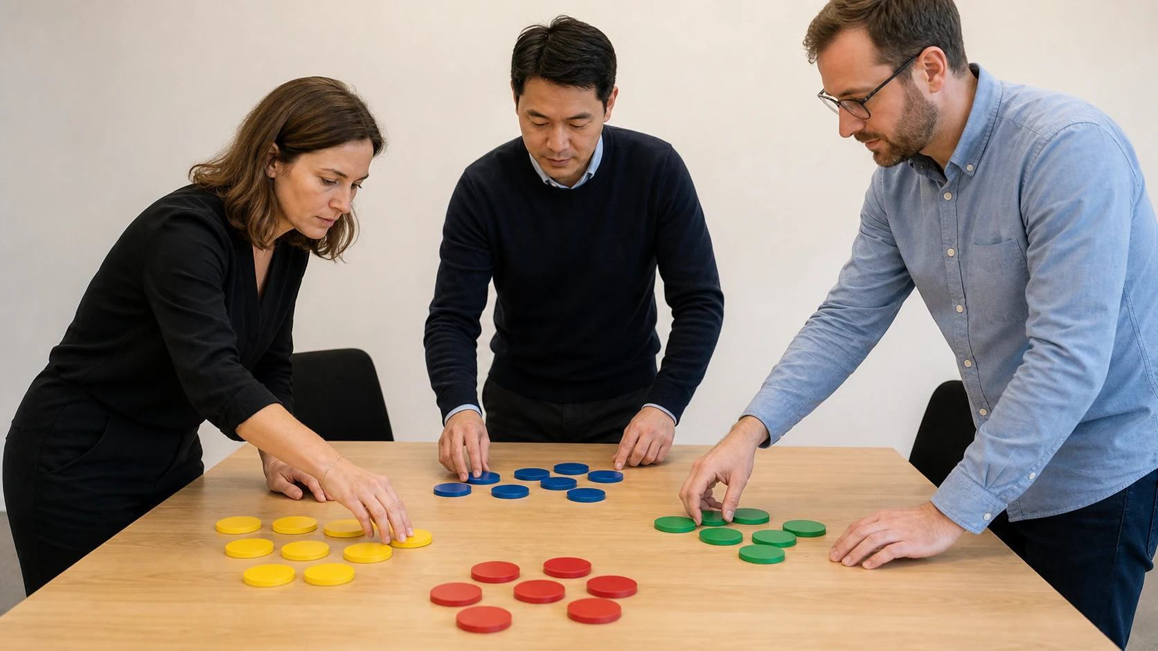Two colleagues reviewing campaign priorities using unmarked wooden markers