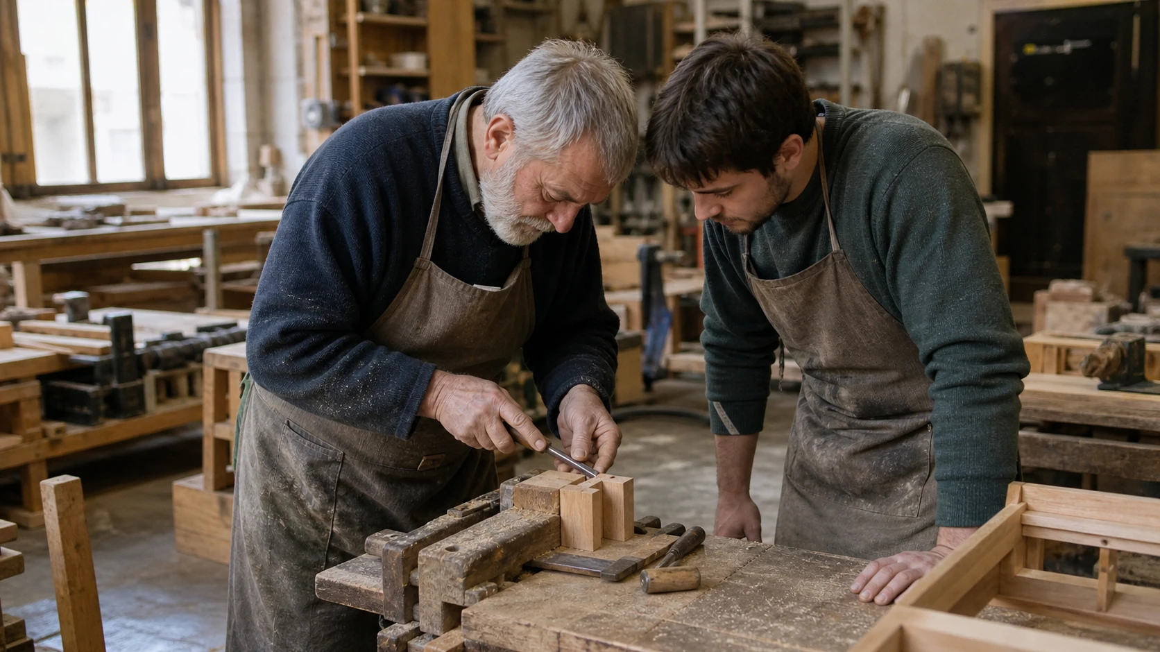 Senior craft worker demonstrating a precise manual technique to a colleague