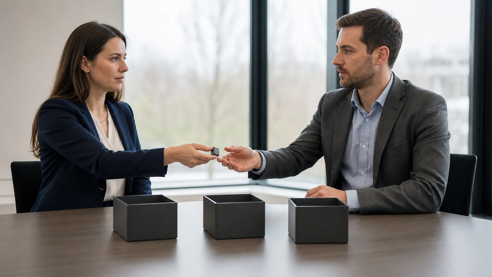 Two office colleagues rehearsing an uncommon operational handoff